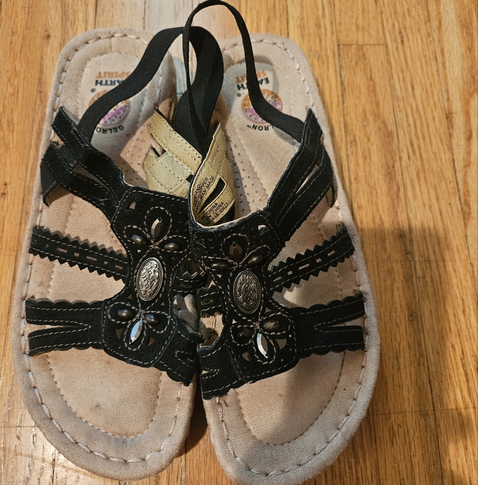 Black and Beige Sandals with Embellished Straps